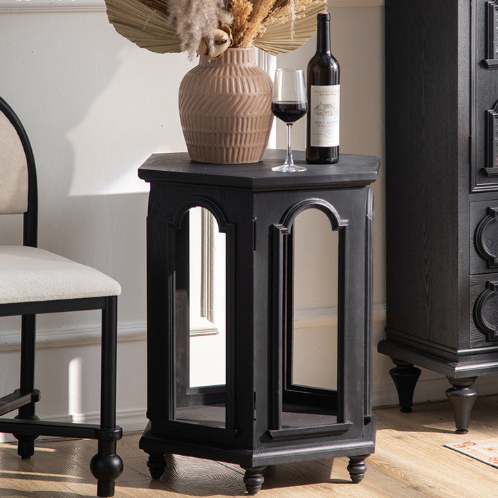 Mesa auxiliar moderna de estilo Mid-Century con diseño de arco calado, en MDF y madera de pino negra, con 1 compartimento de almacenamiento, para sala de estar 