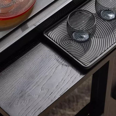 Modern Minimalist Slidable Black Solid Wood Coffee Table With Glass & Stainless Steel, 3-Cabinet For Living Room