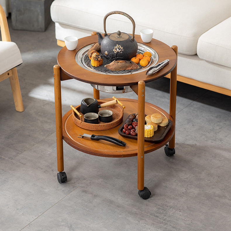 Traditional Chinese Round Tabletop Bamboo Coffee Table Slidable 2-Tier ...
