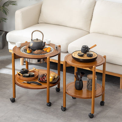 Traditional Chinese Round Tabletop Bamboo Coffee Table Slidable 2-Tier For Living Room
