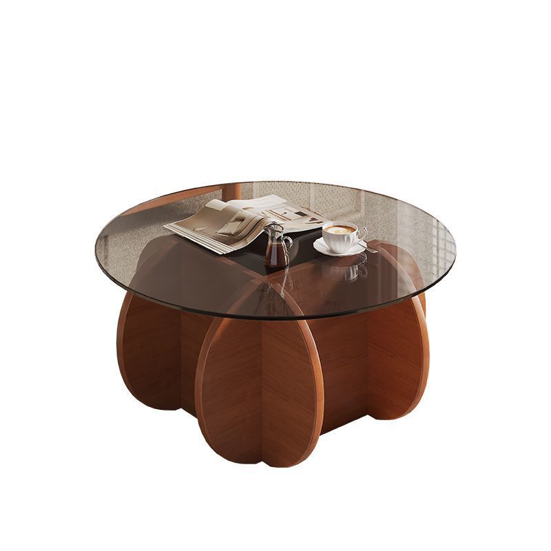 Modern Eclectic Round Glass Coffee Table With Rubberwood Base For Living Room