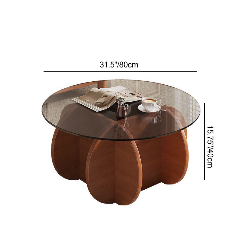 Modern Eclectic Round Glass Coffee Table With Rubberwood Base For Living Room