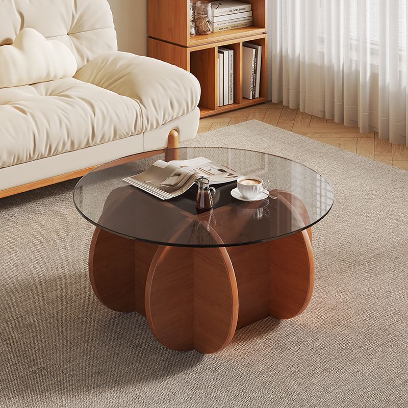 Modern Eclectic Round Glass Coffee Table With Rubberwood Base For Living Room