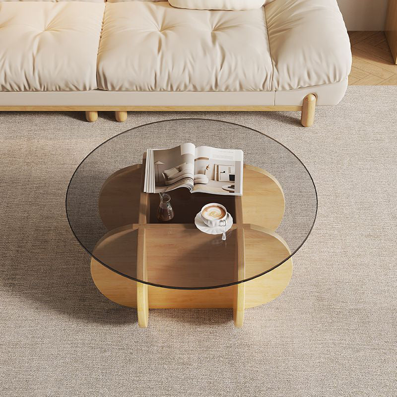 Modern Eclectic Round Glass Coffee Table With Rubberwood Base For Living Room