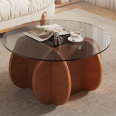 Modern Eclectic Round Glass Coffee Table With Rubberwood Base For Living Room
