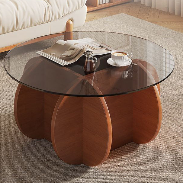 Modern Eclectic Round Glass Coffee Table With Rubberwood Base For Living Room