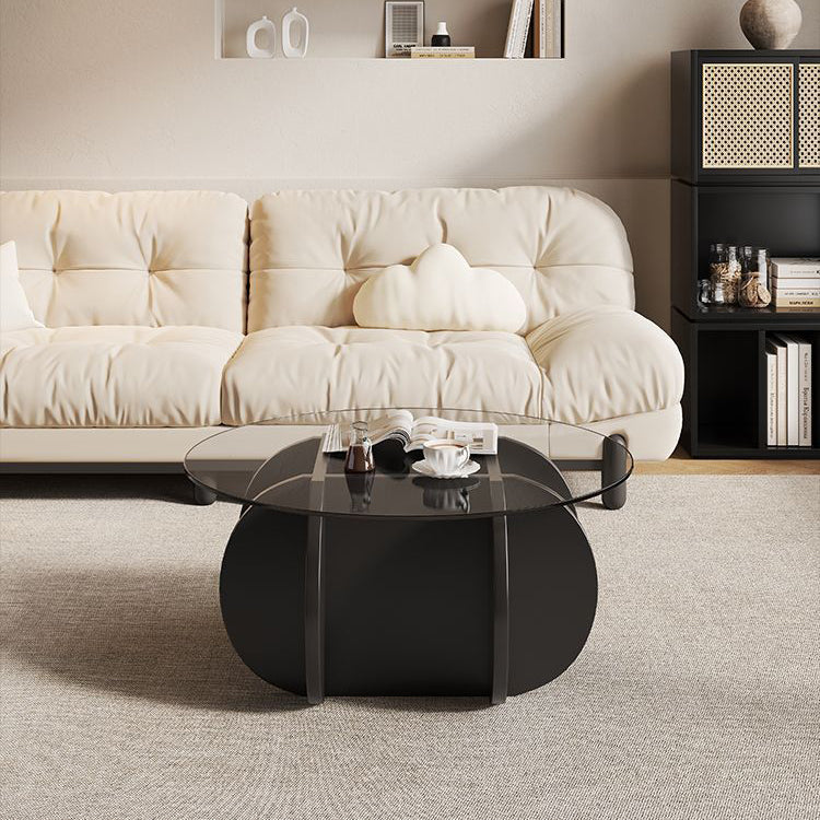 Modern Eclectic Round Glass Coffee Table With Rubberwood Base For Living Room