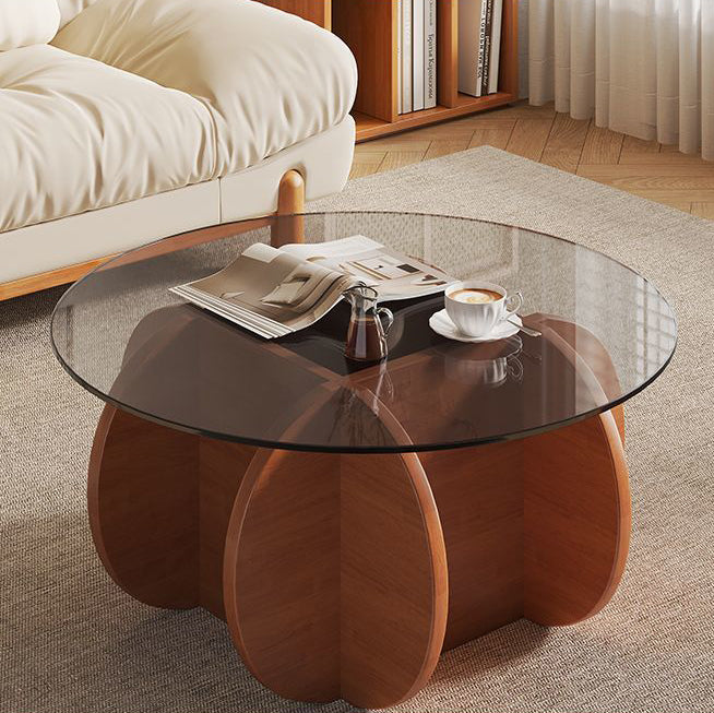 Modern Eclectic Round Glass Coffee Table With Rubberwood Base For Living Room