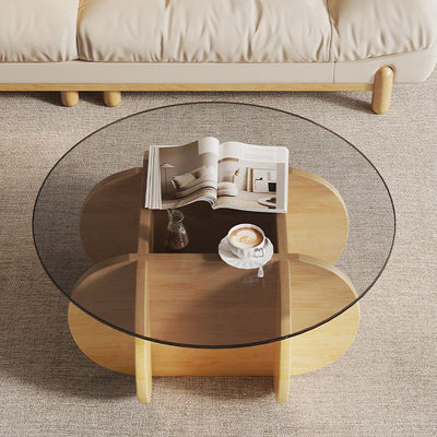 Modern Eclectic Round Glass Coffee Table With Rubberwood Base For Living Room