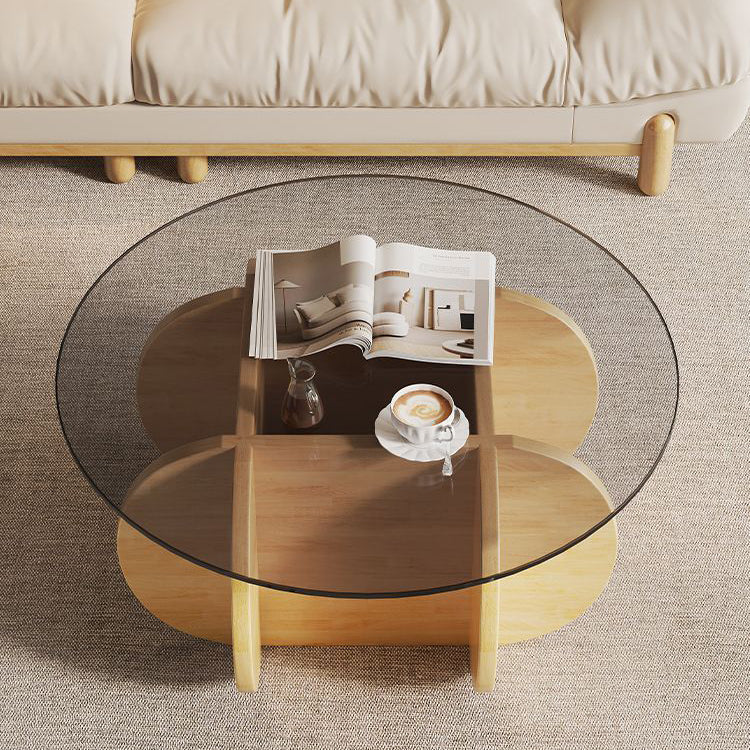 Modern Eclectic Round Glass Coffee Table With Rubberwood Base For Living Room