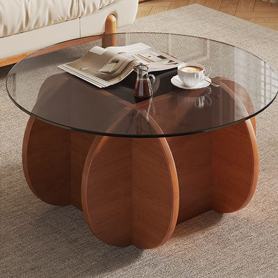 Modern Eclectic Round Glass Coffee Table With Rubberwood Base For Living Room