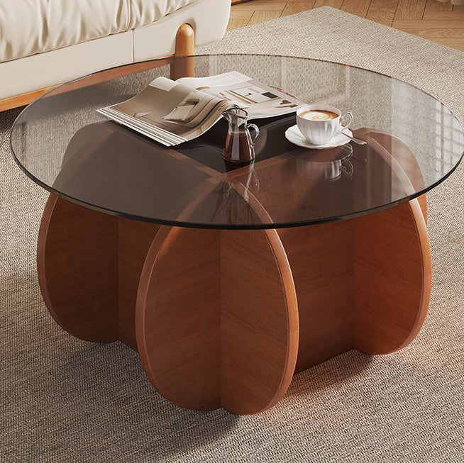 Modern Eclectic Round Glass Coffee Table With Rubberwood Base For Living Room