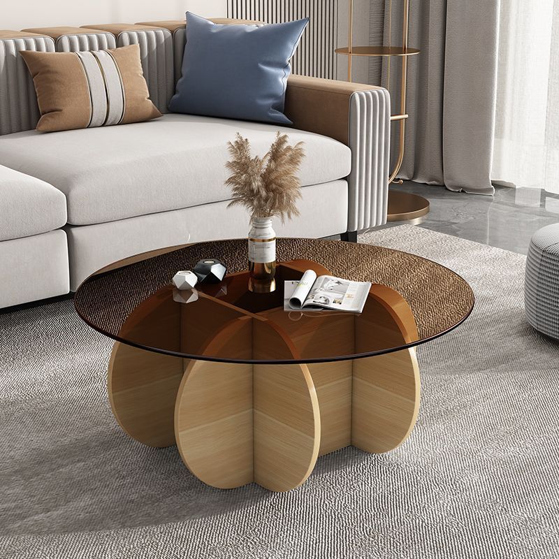 Modern Eclectic Round Glass Coffee Table With Rubberwood Base For Living Room