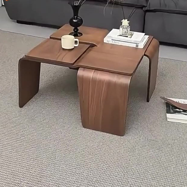 Moderner quadratischer Couchtisch aus strukturiertem Sperrholz in Walnussoptik im Mid-Century-Stil für das Wohnzimmer 