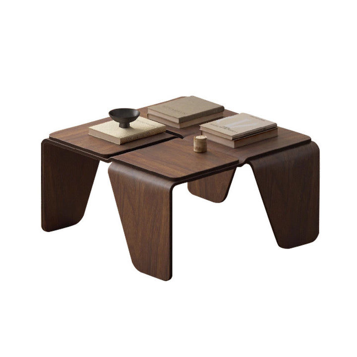 Moderner quadratischer Couchtisch aus strukturiertem Sperrholz in Walnussoptik im Mid-Century-Stil für das Wohnzimmer 
