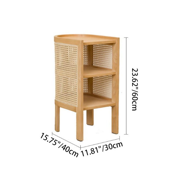 Traditional Japanese Oval Tabletop Solid Wood Rattan Nightstand 2-Cabinet For Bedroom