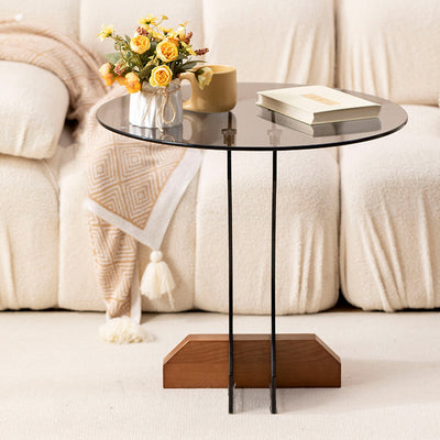 Contemporary Nordic Round Glass Side Table With Solid Wood Base For Living Room