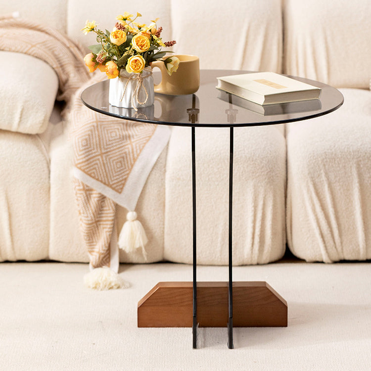 Contemporary Nordic Round Glass Side Table With Solid Wood Base For Living Room