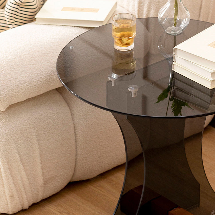 Contemporary Nordic Round Glass Side Table With Solid Wood Base For Living Room