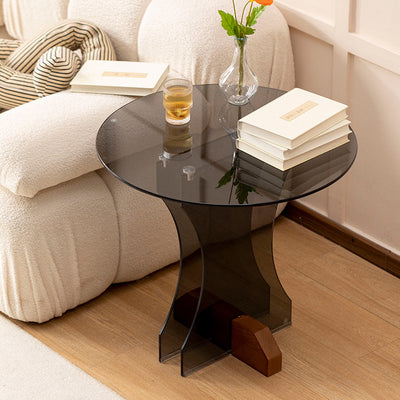 Contemporary Nordic Round Glass Side Table With Solid Wood Base For Living Room