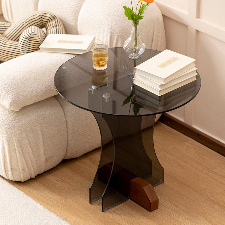 Contemporary Nordic Round Glass Side Table With Solid Wood Base For Living Room
