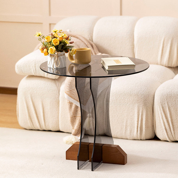 Contemporary Nordic Round Glass Side Table With Solid Wood Base For Living Room
