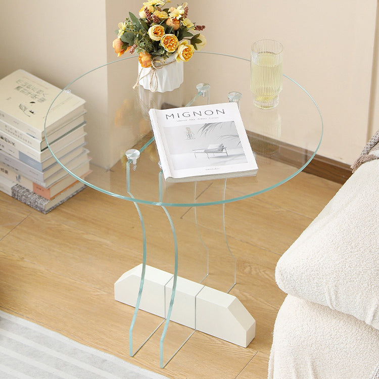 Contemporary Nordic Round Glass Side Table With Solid Wood Base For Living Room