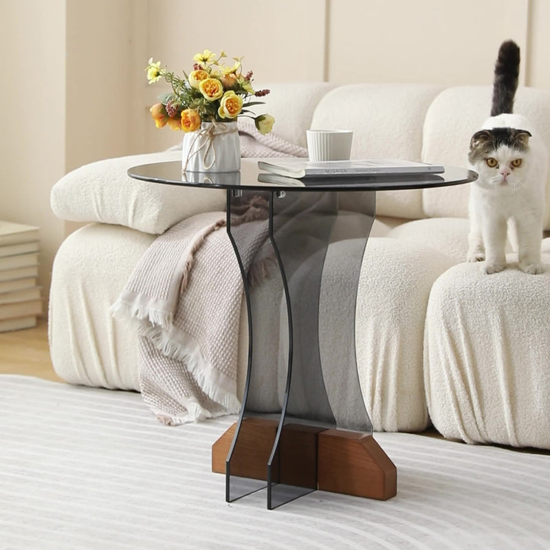 Contemporary Nordic Round Glass Side Table With Solid Wood Base For Living Room