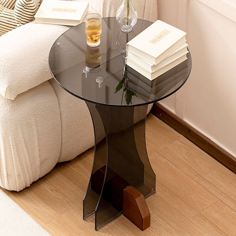 Contemporary Nordic Round Glass Side Table With Solid Wood Base For Living Room