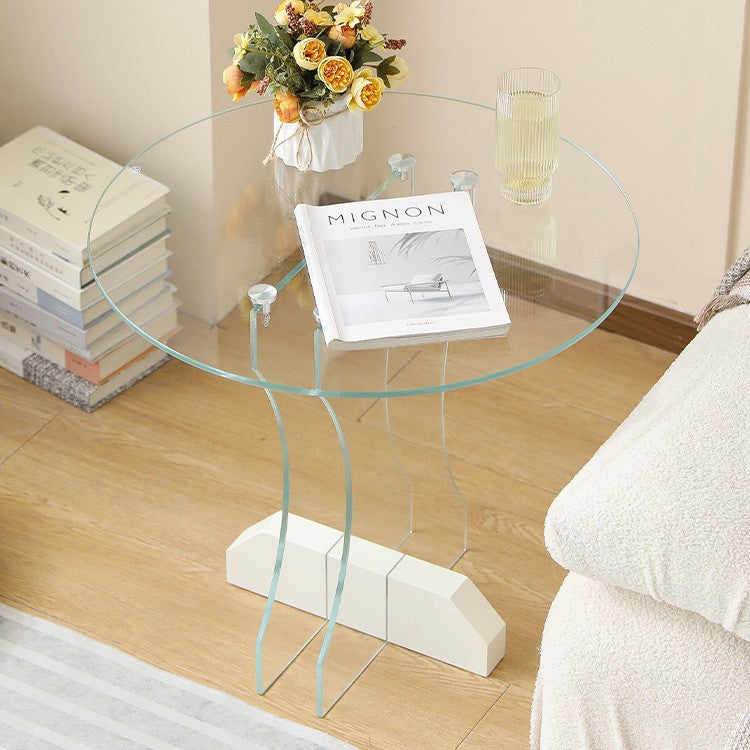 Contemporary Nordic Round Glass Side Table With Solid Wood Base For Living Room