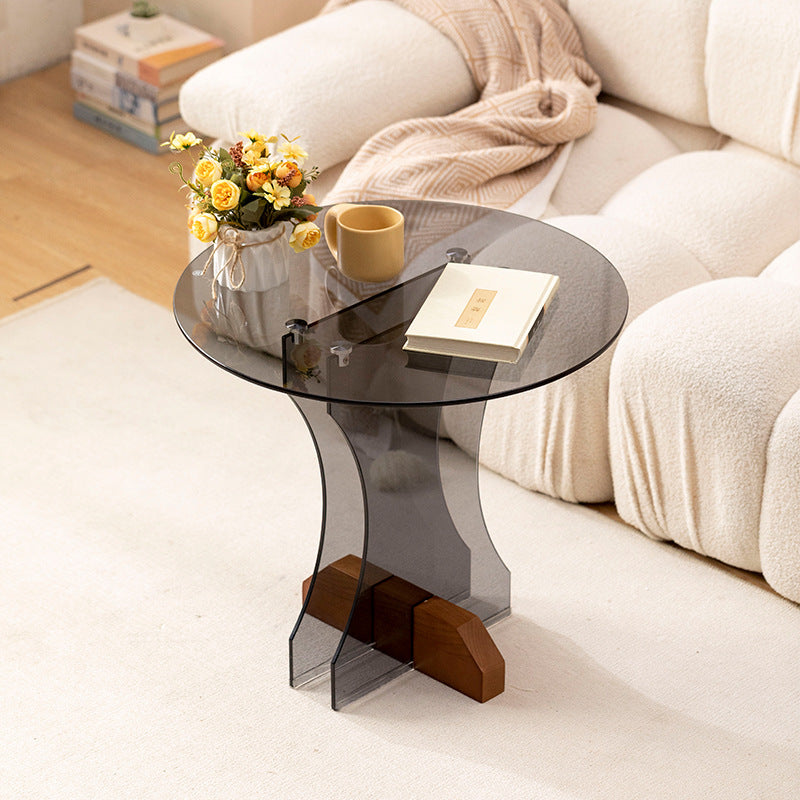 Contemporary Nordic Round Glass Side Table With Solid Wood Base For Living Room