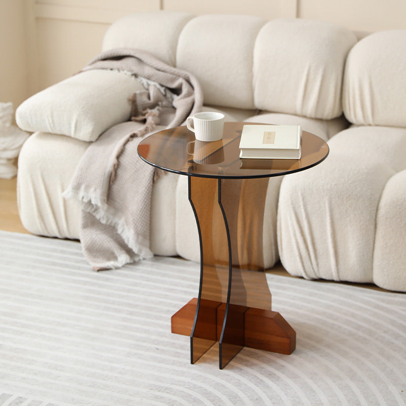 Contemporary Nordic Round Glass Side Table With Solid Wood Base For Living Room