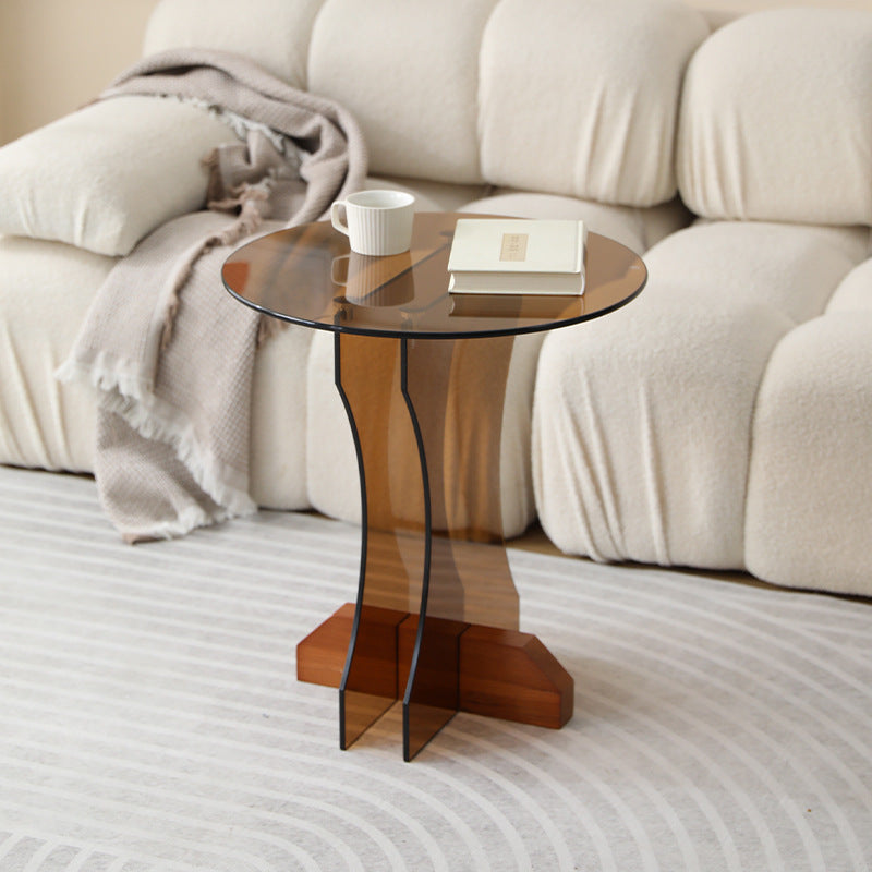 Contemporary Nordic Round Glass Side Table With Solid Wood Base For Living Room