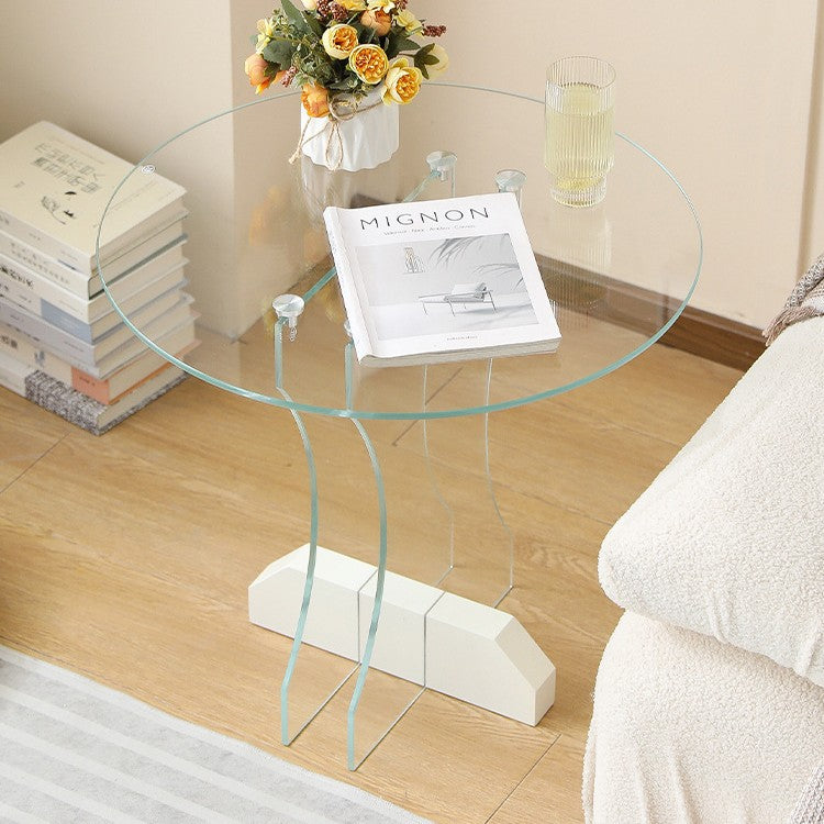 Contemporary Nordic Round Glass Side Table With Solid Wood Base For Living Room