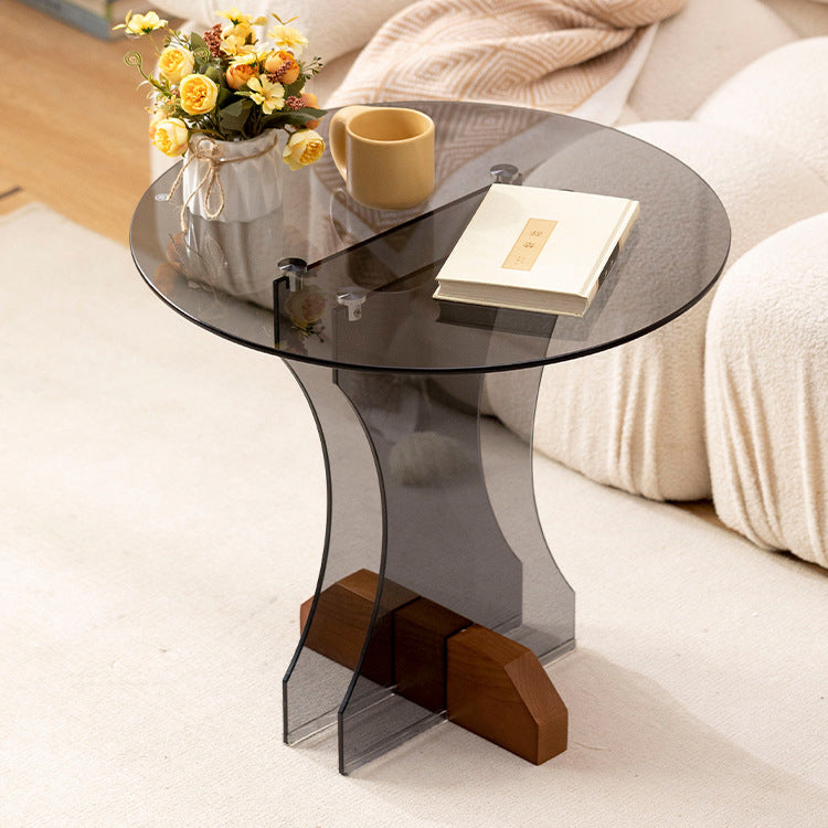 Contemporary Nordic Round Glass Side Table With Solid Wood Base For Living Room