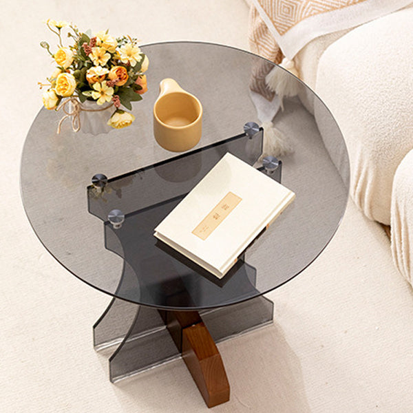 Contemporary Nordic Round Glass Side Table With Solid Wood Base For Living Room