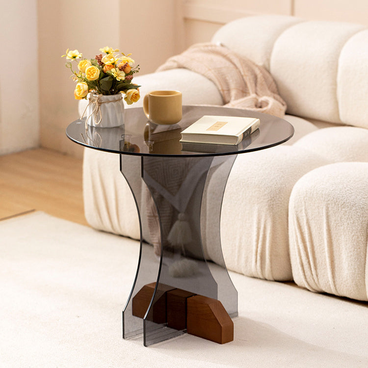 Contemporary Nordic Round Glass Side Table With Solid Wood Base For Living Room