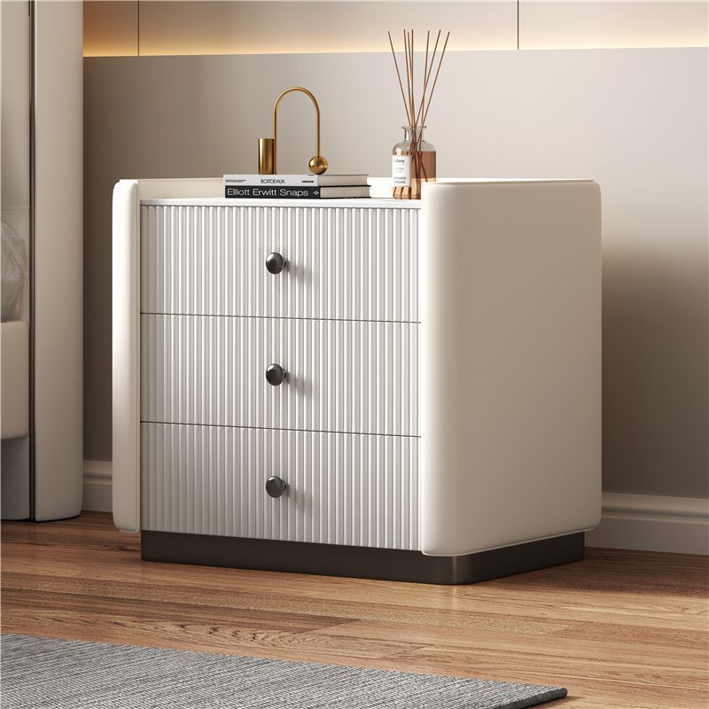 Modern Luxury Rectangular Desktop Faux Leather Particle Board Slab Nightstand 3-Drawer For Bedroom