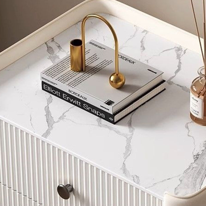 Modern Luxury Rectangular Desktop Faux Leather Particle Board Slab Nightstand 3-Drawer For Bedroom