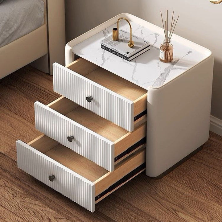 Modern Luxury Rectangular Desktop Faux Leather Particle Board Slab Nightstand 3-Drawer For Bedroom