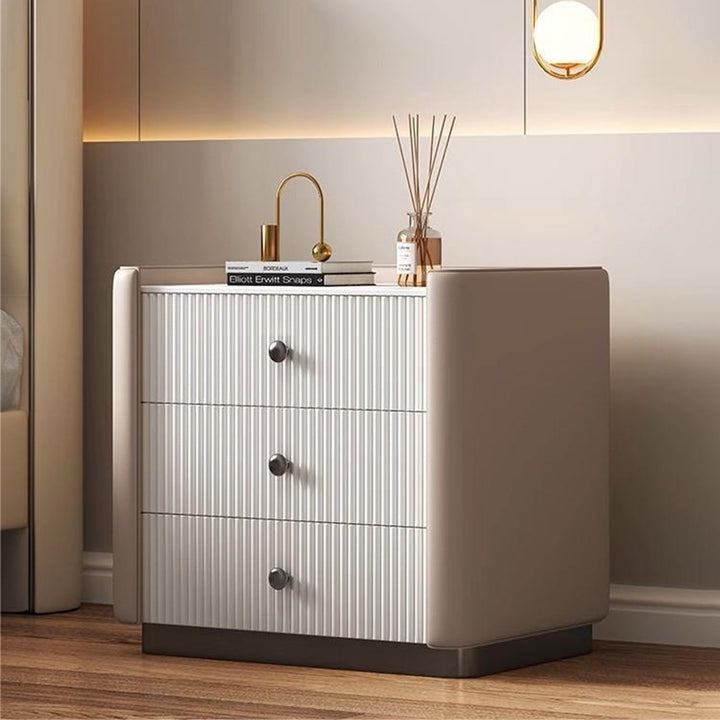 Modern Luxury Rectangular Desktop Faux Leather Particle Board Slab Nightstand 3-Drawer For Bedroom