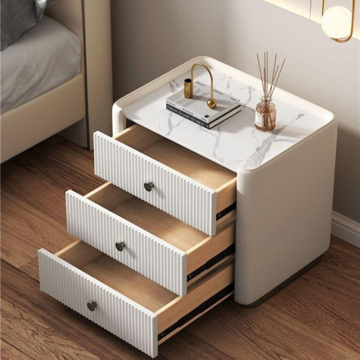 Modern Luxury Rectangular Desktop Faux Leather Particle Board Slab Nightstand 3-Drawer For Bedroom