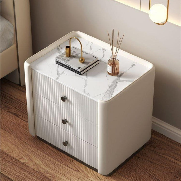 Modern Luxury Rectangular Desktop Faux Leather Particle Board Slab Nightstand 3-Drawer For Bedroom
