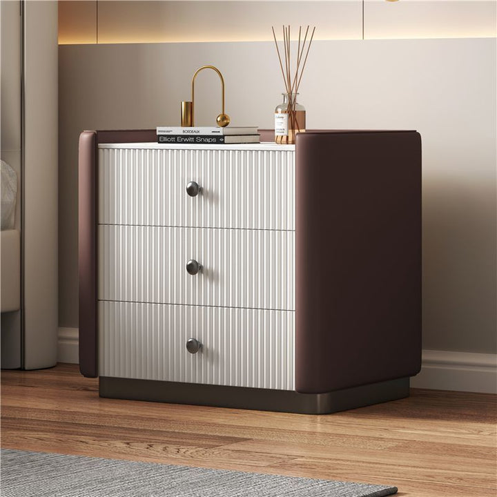 Modern Luxury Rectangular Desktop Faux Leather Particle Board Slab Nightstand 3-Drawer For Bedroom