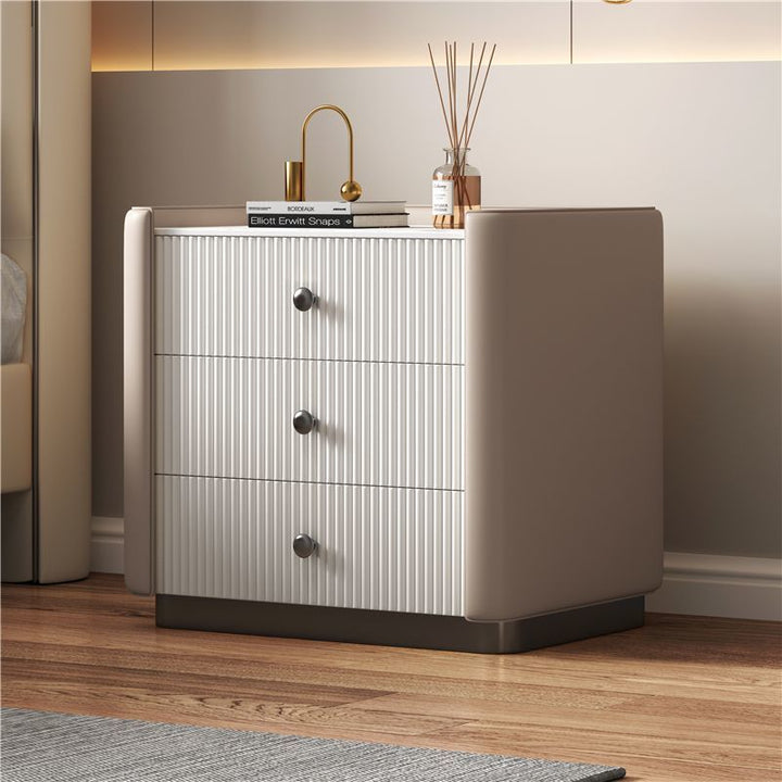Modern Luxury Rectangular Desktop Faux Leather Particle Board Slab Nightstand 3-Drawer For Bedroom