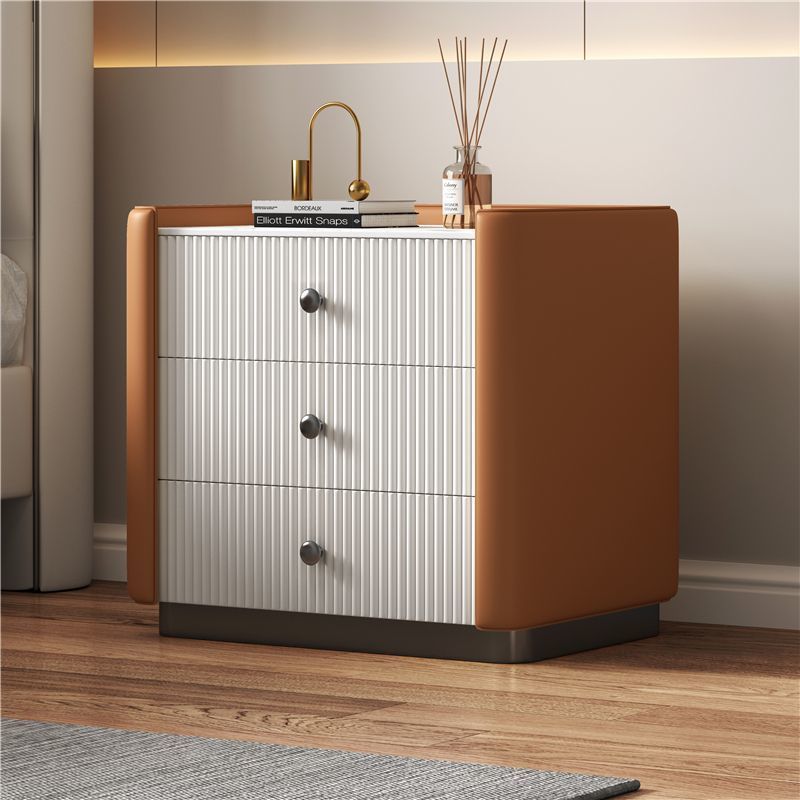 Modern Luxury Rectangular Desktop Faux Leather Particle Board Slab Nightstand 3-Drawer For Bedroom