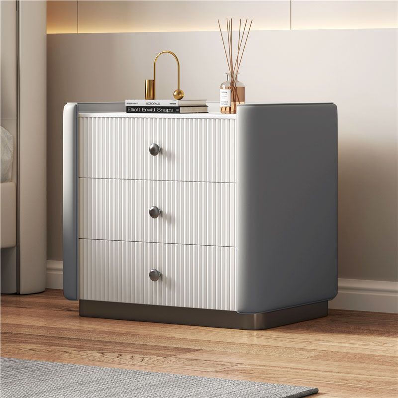 Modern Luxury Rectangular Desktop Faux Leather Particle Board Slab Nightstand 3-Drawer For Bedroom