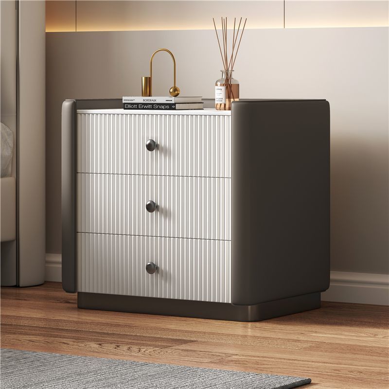 Modern Luxury Rectangular Desktop Faux Leather Particle Board Slab Nightstand 3-Drawer For Bedroom