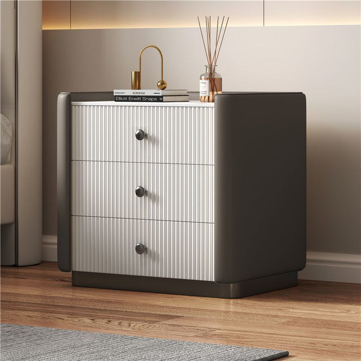 Modern Luxury Rectangular Desktop Faux Leather Particle Board Slab Nightstand 3-Drawer For Bedroom