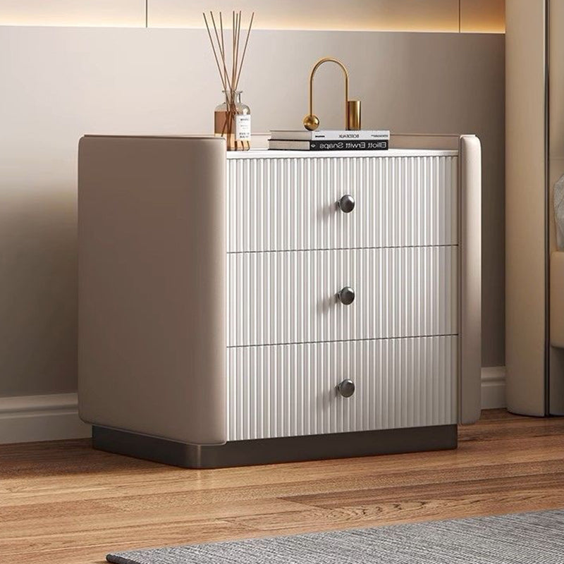 Modern Luxury Rectangular Desktop Faux Leather Particle Board Slab Nightstand 3-Drawer For Bedroom